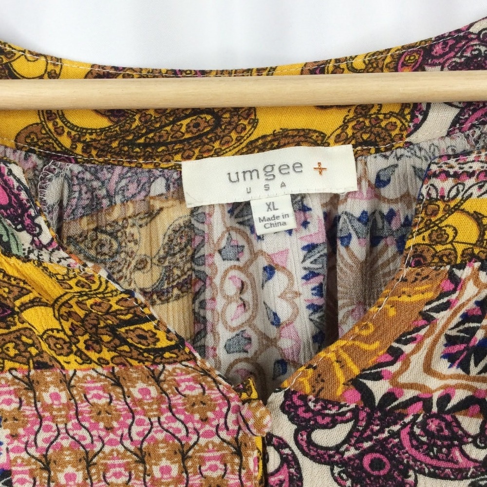 Umgee Patchwork Floral Paisley Mini Dress Women's Size XL Long Sleeve Boho - Picture 7 of 8